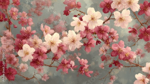Pink and white cherry blossom flowers on blue background