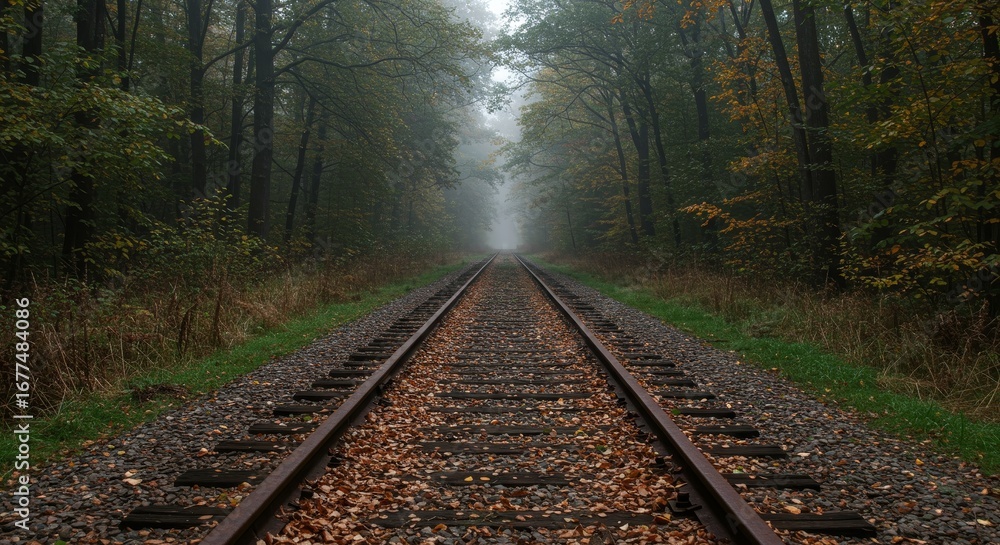 Fototapeta premium A solitary train track disappears into the misty, autumn forest, evoking a sense of journey and mystery