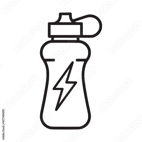 Outline illustration of a water bottle with a lightning bolt symbol on a white background