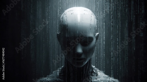 Female android robot in a dark rainy environment