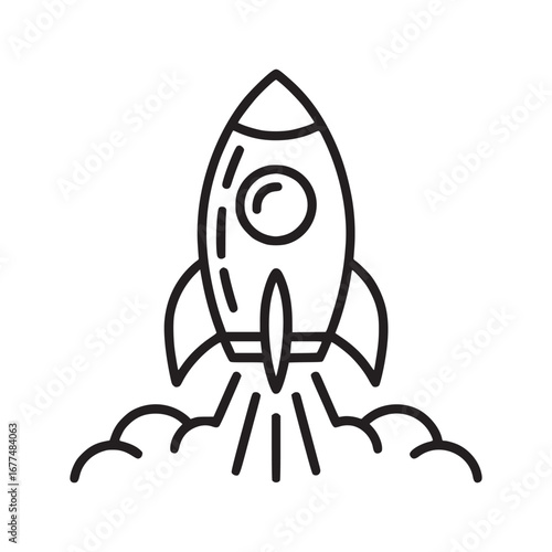 Simple line drawing of a rocket launching with smoke on a white background illustration design