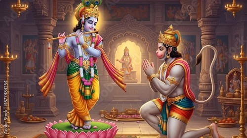 Serene devotional ambiance featuring Krishna playing flute and Hanuman's