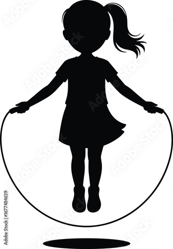 Black silhouette of a girl with ponytail jumping rope skipping