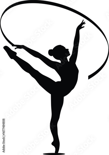Black silhouette of rhythmic gymnast performing with ribbon on white background dance