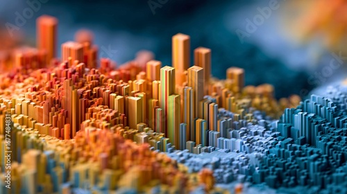 Vibrant abstract landscape of digital blocks with gradient colors and blurry futuristic cityscape background