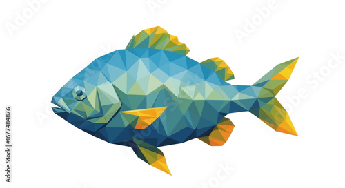 Geometric polygonal fish illustration in blue and yellow on a white background.