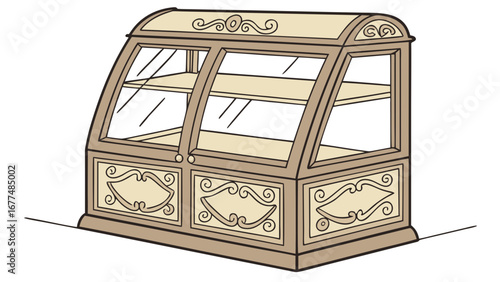 Illustration of a vintage display case with glass shelves and decorative elements and a beige color scheme