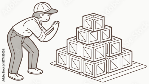 Man inspecting a stack of wooden crates on a pallet with a tool in his hands with a cap on his head