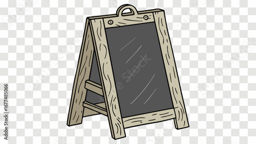 Illustration of a wooden a frame chalkboard sign with a handle and a gray writing surface area