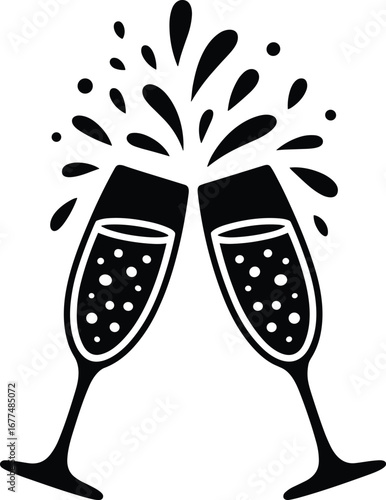Black silhouette of two champagne glasses clinking with bubbles and splashes toast