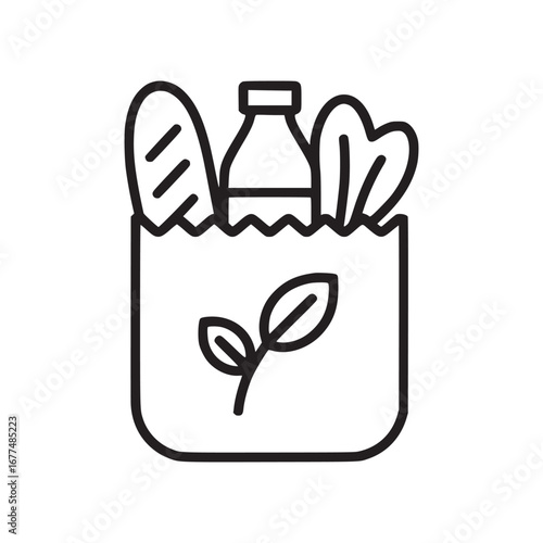 Outline drawing of a grocery bag filled with bread bottle and lettuce with a leaf design on the bag