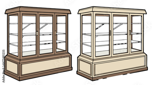 Two display cabinets with glass doors and shelves in different colors on a white background