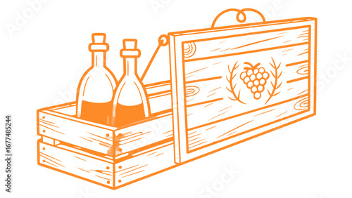 Two wine bottles in a wooden crate with a grape design on the lid in orange color illustration