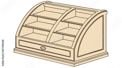 Isometric view of a wooden display case with shelves and a drawer on a white background