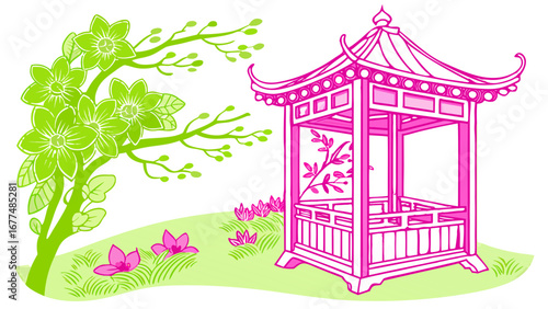 Illustration of a pink gazebo on a green hill with a flowering tree and pink flowers nearby it too
