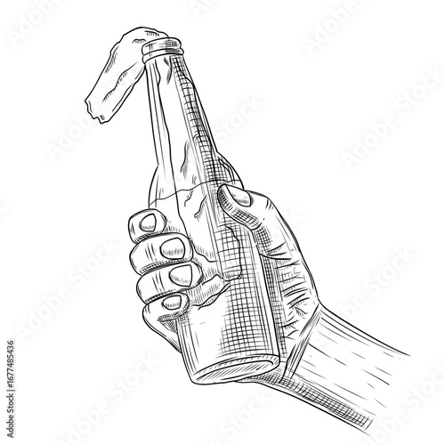 hand holding a bottle molotov  vector line art hand drawn illustration