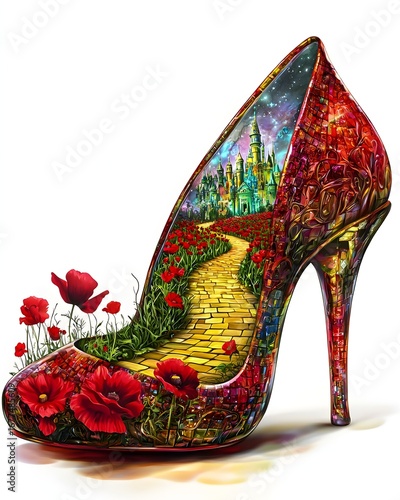 A high-heeled shoe, adorned with a mosaic-like pattern, features a vibrant landscape of a yellow brick road and a castle. Red poppies bloom.