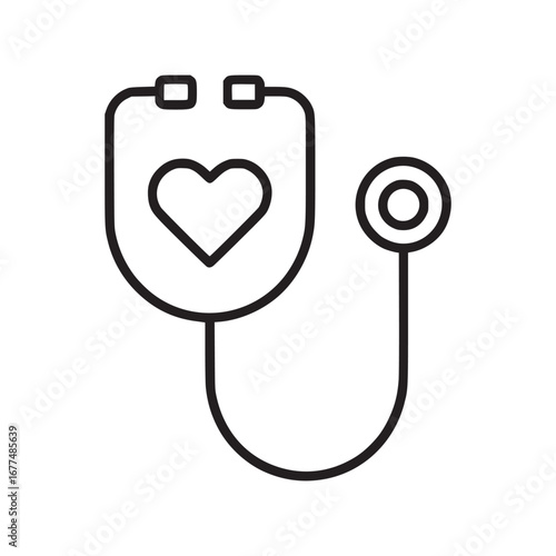 Illustration of a stethoscope with a heart shape on the diaphragm in black outline on white background