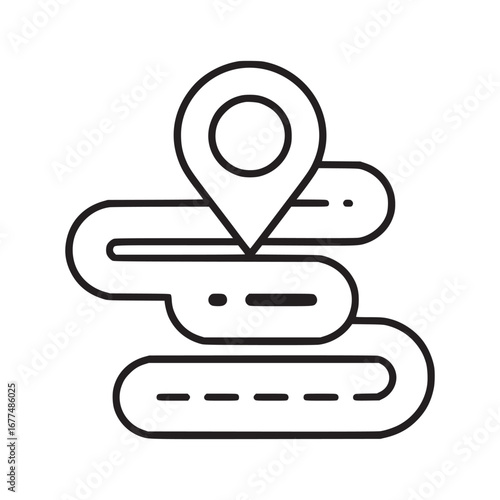 Illustration of a winding road with dashed lines and a location pin at the top in black and white