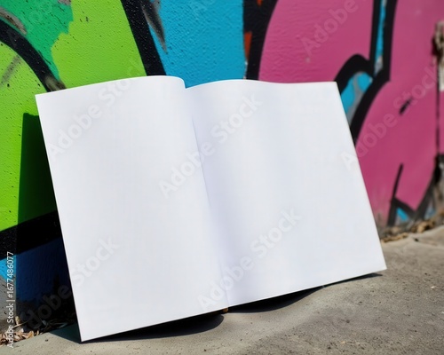 Z-fold brochure mockup, fully open, blank, placed before a colorful graffiti wall, visually contrasting the orderly fold with urban spray paint and concrete surface.