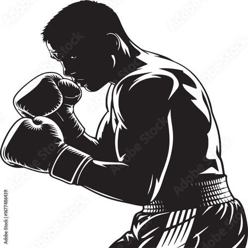 Silhouette of a boxer in a defensive stance with boxing gloves against a white background vector art