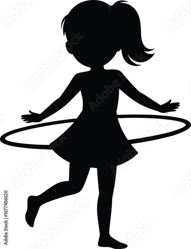 Black silhouette of a girl with a ponytail playing with a hula hoop white