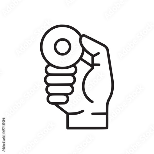 Outline drawing of a hand holding a round object with a hole in the center on a white background