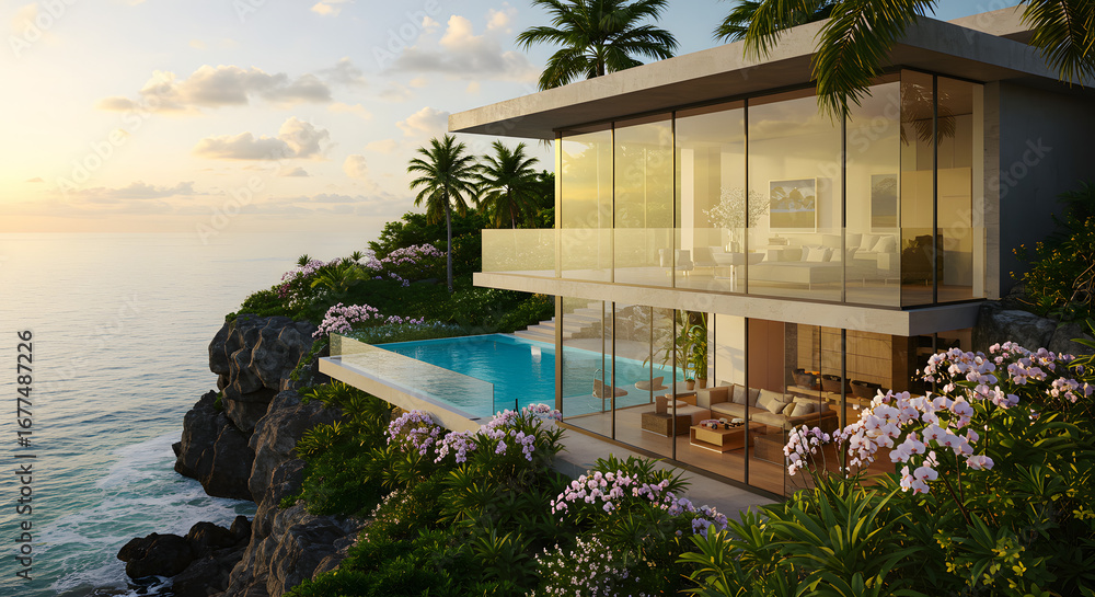 Fototapeta premium Modern cliffside villa with infinity pool overlooking ocean at sunset luxury real estate architecture