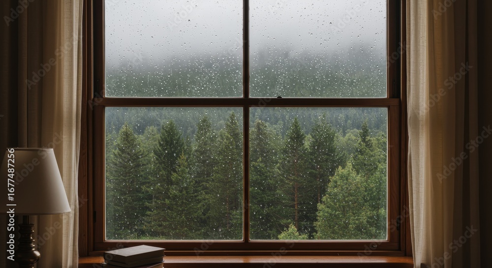 Fototapeta premium Rainy Day View Through a Window to a Lush Forest