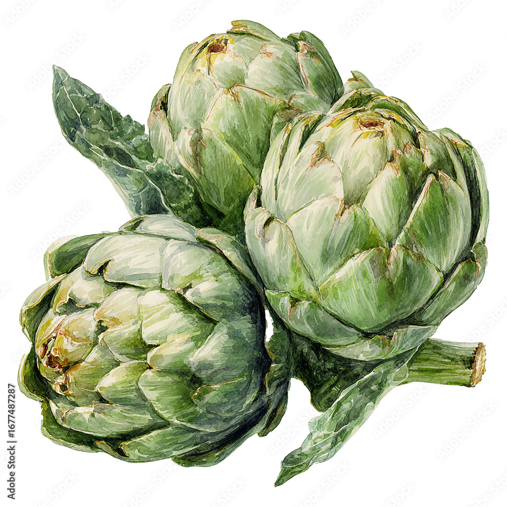 Obraz premium Hand-painted watercolor illustration of fresh artichokes with layered green leaves, detailed botanical style, isolated on white background.