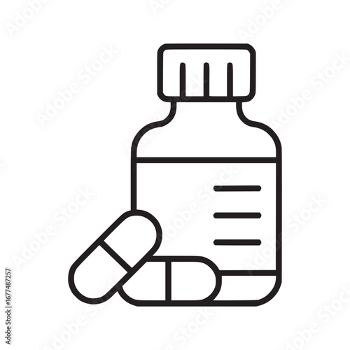 Outline drawing of a medicine bottle with a cap and two pills laying next to the bottle on a white background