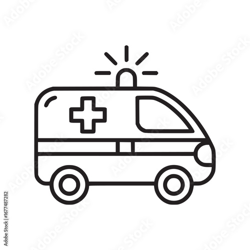 Illustration of an ambulance with a cross and a light on top in black outline on white backdrop
