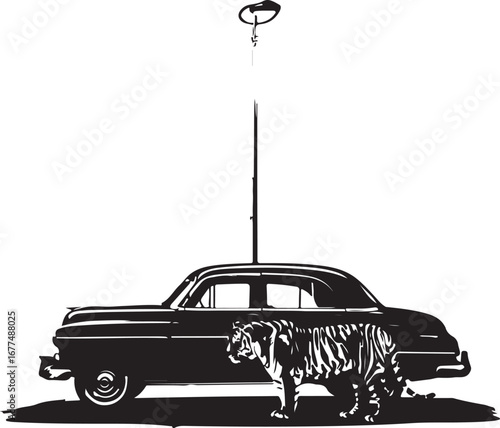 Black and white silhouette of a tiger standing next to a vintage car with a pole and ring above animal
