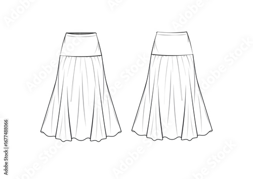 Women Flowing Hem A-Line Midi Skirt, fashion flat sketch, Editable Flat Technical Drawings Illustration, Skirt Mock up