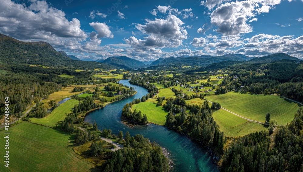 Obraz premium Serene River Valley Aerial View.