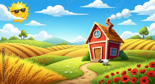 Charming cartoon farm scene with a red house, fluffy sheep, golden wheat fields, and a smiling sun.