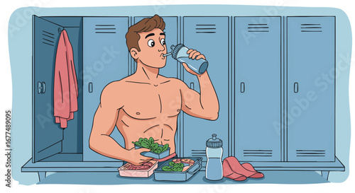 Athletic man refueling in a gym locker room with a healthy prepared meal and a protein shake after a workout