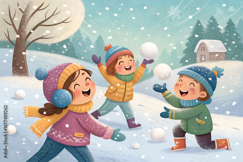 Szczęśliwe dzieci rzucające się śnieżkami w zimowy dzień. Koncepcja zimowej zabawy i beztroskiego dzieciństwa.