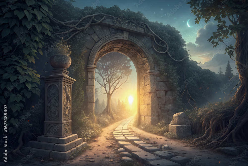 Obraz premium Brama o wschodzie słońca. Koncepcja przygody, nowego początku i przejścia.