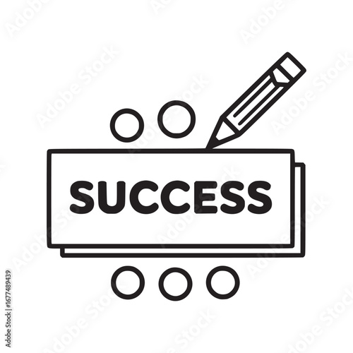 Vector art of success icon, depicting a pencil writing on a document surrounded by people, representing teamwork, planning, and strategic achievement of goals in business and career