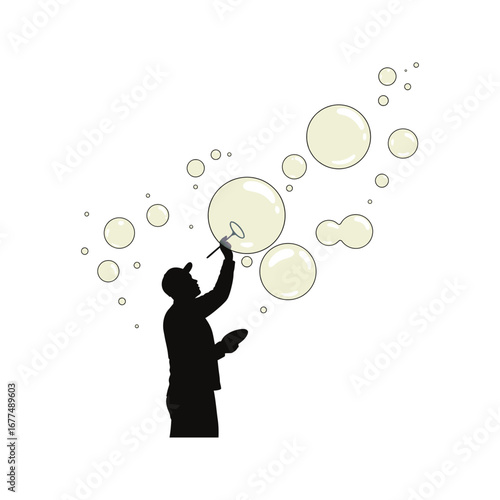Silhouette of a person blowing giant bubbles  illustration vector graphic  fun entertainment bubbles party