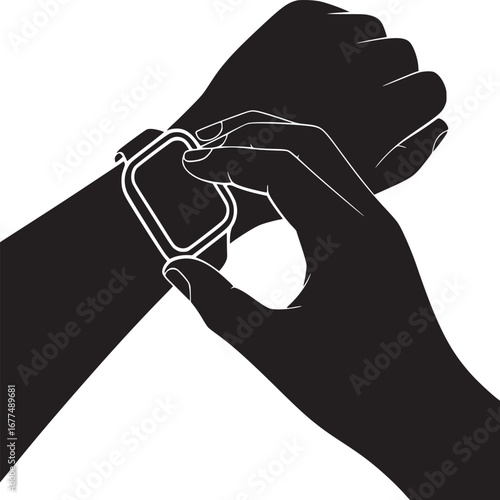 A black and white illustration of a person using a smart watch with their fingers on the screen