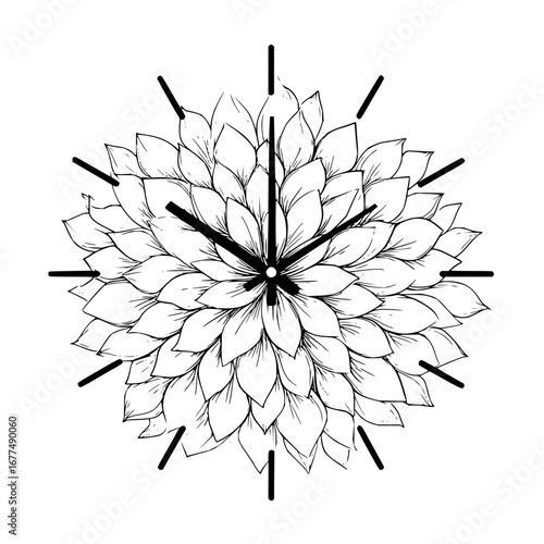 Floral clock design with petals and hands for timekeeping in black and white vector illustration