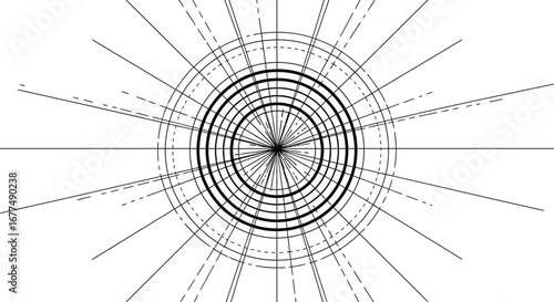 Abstract geometric pattern with concentric circles and radiating lines, , representing symmetry, focus, and precision in design and science