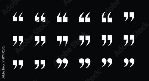 PrintSet of different quotation marks symbols, black background with white punctuation icons, typography design collection, quote sign variations for writing