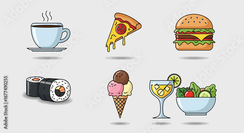 Vibrant collection of popular food and beverage icons, including fast food, desserts, and healthy options, in a modern outline style