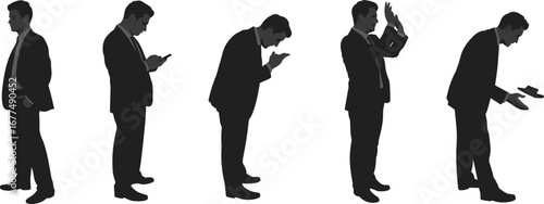 Silhouette of businessman using smartphone with different poses, mobile phone addiction concept, technology dependence, communication, modern lifestyle, digital device illustration