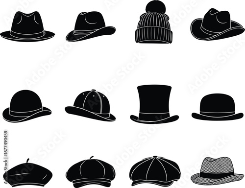 Set of different stylish hat silhouettes, black and white vector illustration, fashion accessories, headwear icons, variety of hats for men and women