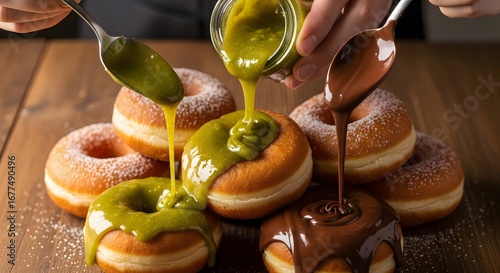 Delicious donuts being drizzled with chocolate and pistachio glaze, a sweet treat for any occasion