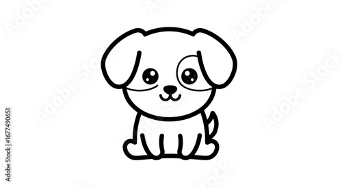 Cute cartoon puppy dog sitting, , simple line art illustration, adorable pet character, friendly and happy expression, perfect for childrens books and designs